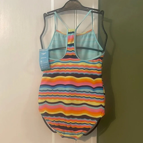 #17 Speedo youth bathing suit blue, orange, pink X-Large Size 16 1 piece - Picture 2 of 6